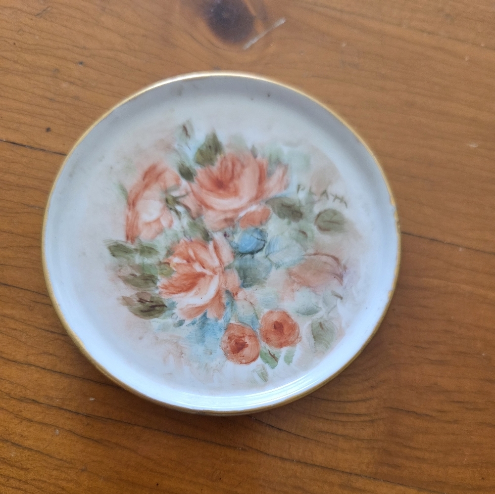 Sweet Little Hand-painted Rose Trinket Dish With Gold Painted Edge.